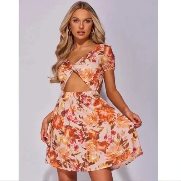 Brown Floral Print Short Sleeve V-Neck Cutout Open Back Mini Dress - Picture 7 of 12